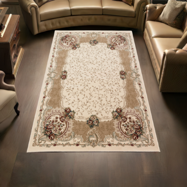 Elegant Synthetic Cream Oriental Rug with Floral Beige Border | Timeless Decor for Your Interior